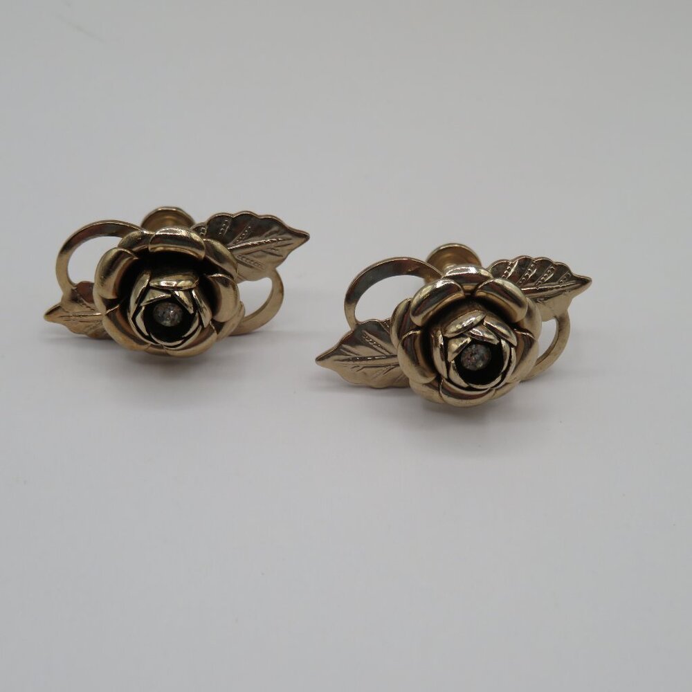 Vintage Rose Rhinestone Accent Gold Tone Screw Back Earrings - Picture 5 of 7